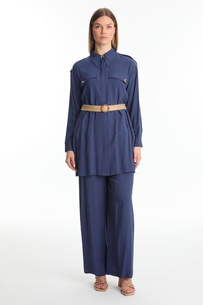 Zühre Πουκάμισο γιακά με ζώνη Navy Blue Double Suit Tk-1550