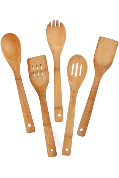 Bisbell 5 Pieces Pure Bamboo Wooden Kitchen Essentials Cooking Utensils Tool Set