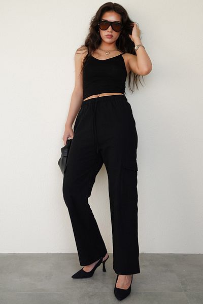 Seeh Muslin Fabric - Black Women's Trousers with Pocket Detail Sh186