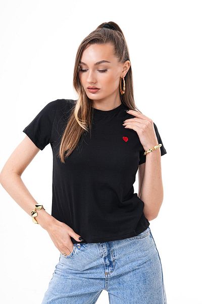ŞİMAL Women's Heart Embroidery Detailed Casual T-Shirt 250436 -