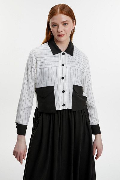 Zühre Shirt Collar Pocket Detailed Ecru/Black Double Suit Tk-1617
