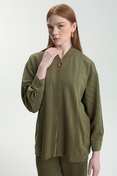 Zühre Stone Processing Detailed Zippered Khaki Double Suit Tk-1456