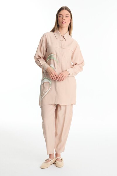 Zühre Patterned Buttoned Beige Double Suit Tk-1454