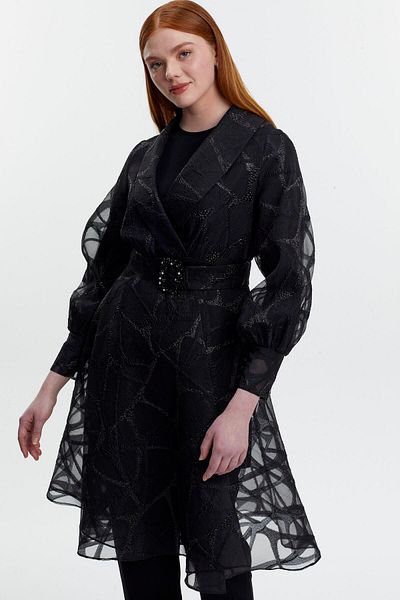 Zühre Double Breasted Collar Belted Transparent Inner Outer Double Suit Tk-1461