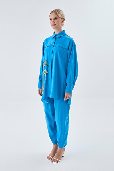 Zühre Patterned Buttoned Turquoise Double Suit Tk-1454