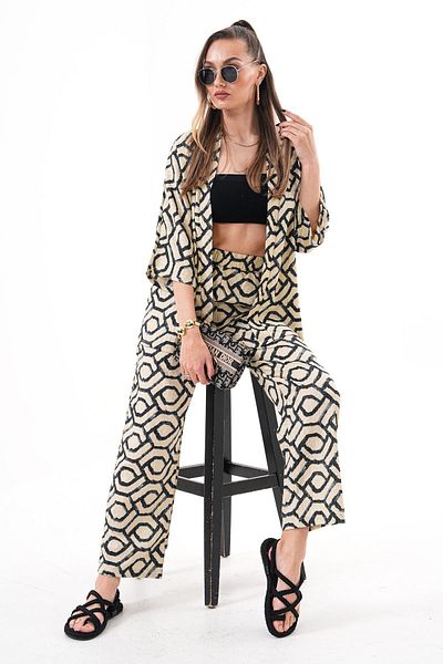ŞİMAL Women's Patterned Open Front Jacket Detailed Trouser Suit 250368 -