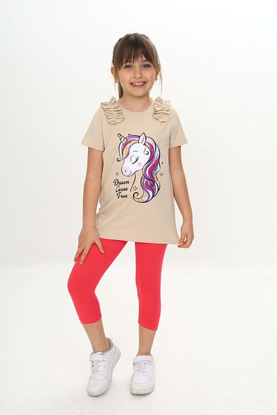 Sevimli Girl's Summer T-Shirt & Leggings Set with Ruffles and Unicorn Pattern