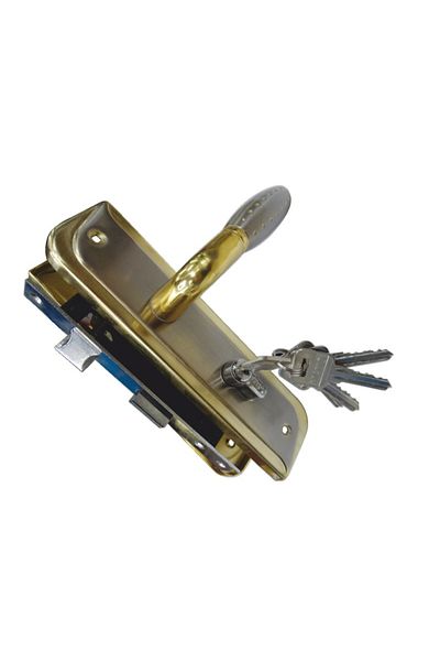flores Complete lock, mortise, on the barrel, 5 keys, yellow-chrome, 57 mm