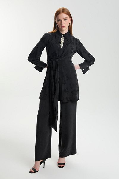 Zühre Collar Detailed Patterned Black Double Suit Tk-1567