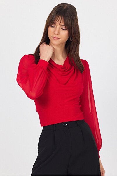 Rays Red Draped Tulle Sleeve Detailed Blouse 9474