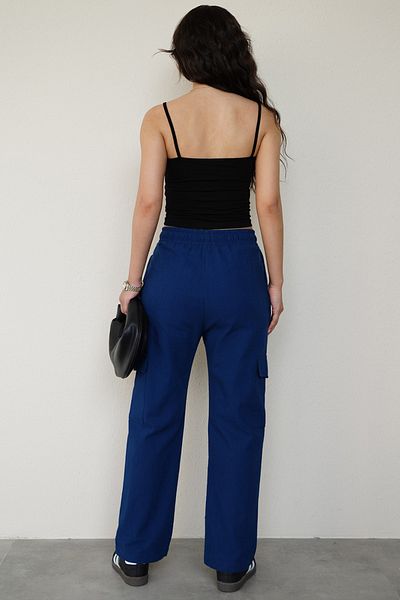 Seeh Navy Blue Muslin Fabric Women's Trousers - Pocket Detailed, Waist Elastic Sh186