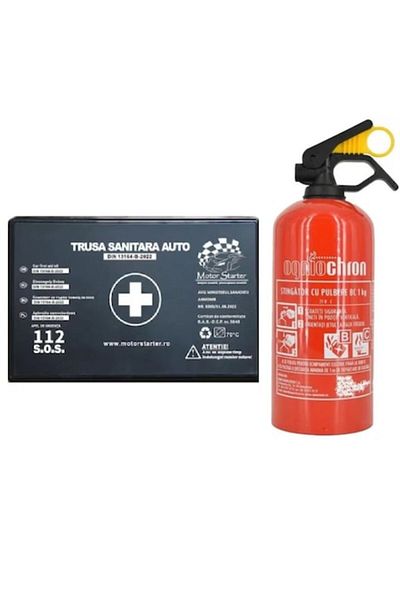 motor starter Kit siguranta rutiera omologat, Trusa medicala auto prim ajutor + Stingator auto reincarcabil P1, fa
