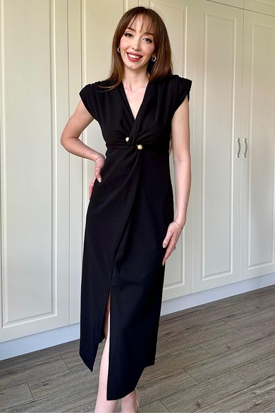 Dilay Gökoğlu Butik Double Breasted Collar Padded Pearled Black Dress