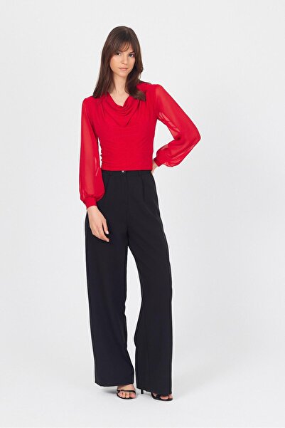 Rays Red Draped Tulle Sleeve Detailed Blouse 9474