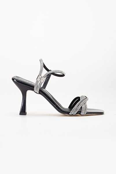 LİLLA Women's Stone Heelled Evening Dress Shoes Black Patent Leather