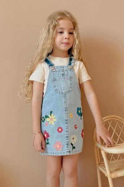 Kidmark Çocuk Modası Girl's Floral Embroidered Denim Salopet