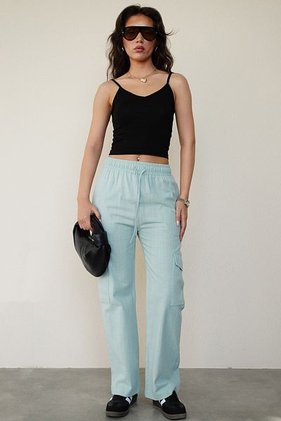 Seeh Green Muslin Fabric - Pocket Detailed Women's Trousers with Elastic Waist Sh186