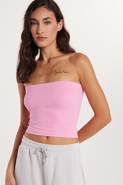 Tudors Γυναικεία Slim Fit Βαμβακερή Στράπλες Μονόχρωμη Ροζ Μπλούζα