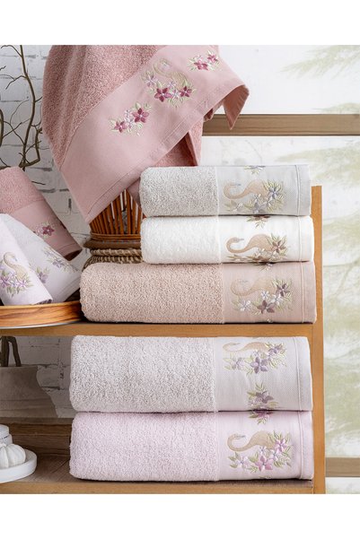 Hazangülü Buldan Üretim Dowry Embroidered Swan Cotton 6-Piece Hand/Face Towel I 50X90