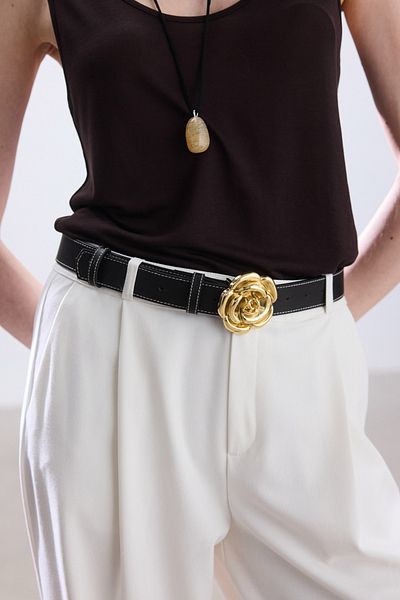 BE BLUE Black Flower Buckle Detail Belt