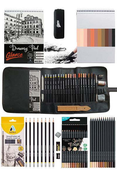 GLANCE Sketchbook A5 120 Gr 50 Yp Skin Tones Crayons 12 Color Pockets Black Pen Holder Set of 24 Compartments