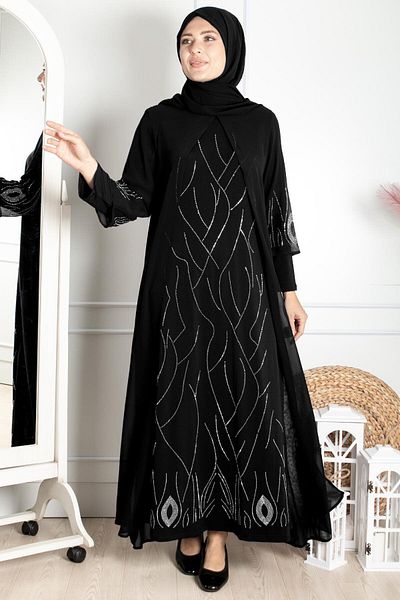 DENİMİNİ Flexible Plus Size Hijab Evening Dress - Chiffon Stone Embroidered, DNM644