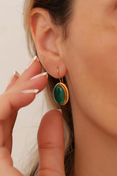 Bayar Gold 14 Ayar Altın Yeşil Akik Taşlı Meftüllü Oval Küpe