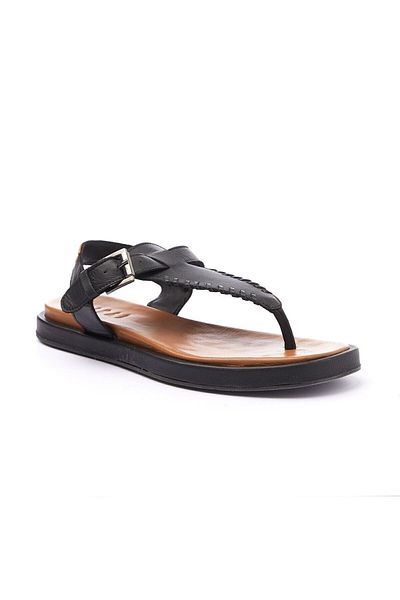 Deriderim Women's Summer Sandals - Black Genuine Leather, Flip Flops, Brown Leather Ankle Strap