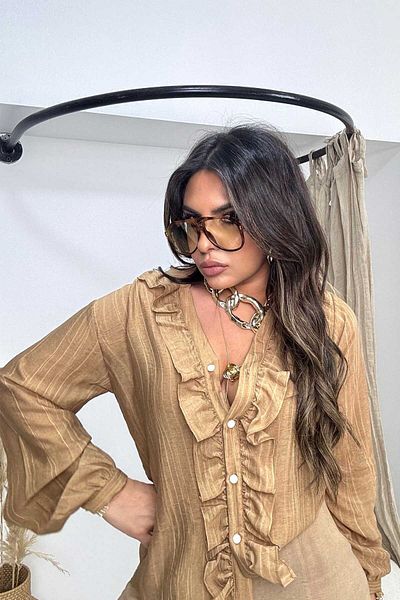 Sohotique By P Ριγέ υφή βολάν Λεπτομερές πουκάμισο Camel