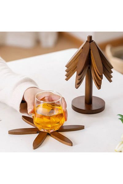 Ekostem Set of 4 Walnut Tone Wooden Trivets - Coaster Fenomen Trivet - Heat Resistant Folding Trivet