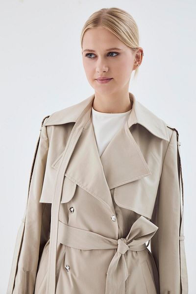 Zühre Double Breasted Collar Epaulet Detailed Belted Stone Trench Coat 13760