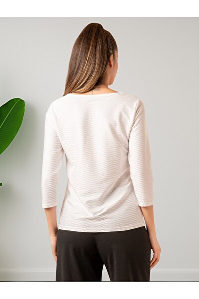 Kübra Tekstil Lupinn Fashion Γυναικεία Μπλούζα με λευκό μοτίβο V-λαιμόκοψης 3/4-Τριών τετάρτων με άνετη εφαρμογή