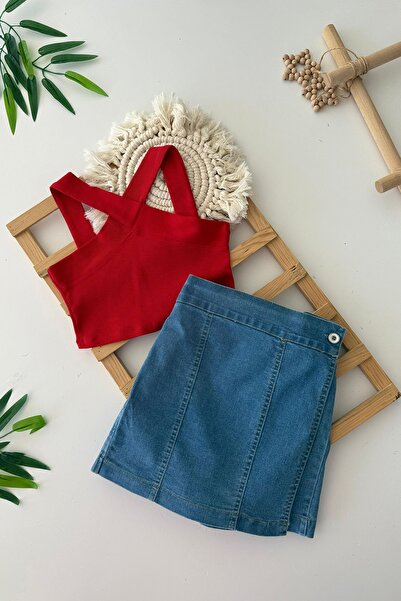 Minigimin Cicileri Miniğimin Cicileri Kız Çocuk Çapraz Askılı Kız Çocuk Crop Üst ve Kot Şort Etek - Kırmızı