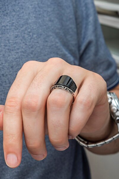 ALYANSEVİM Karpuz Kesim Siyah Taşlı 925 Gümüş Erkek Yüzük