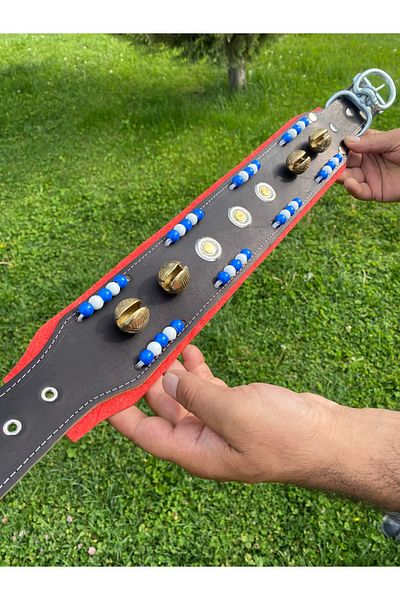 Sürmeli Tasma Kangal Dog Collar with 4 Bells Genuine Leather Blue White Beads