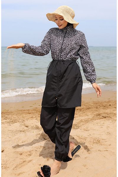 sefamerve Selen Full Covered Elastic Waist Hijab Μαγιό 5043-01 Μαύρο Λευκό