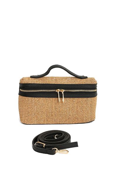 Mio Gusto Straw Textured Black Striped Women's Handbag