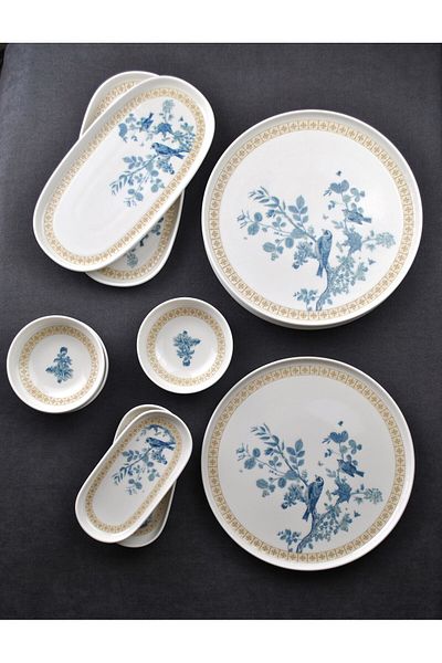 Qualitev 14 Piece Porcelain Breakfast Set for 6 People Blue Bird
