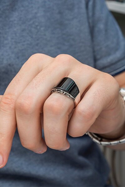 ALYANSEVİM Karpuz Kesim Siyah Taşlı 925 Gümüş Erkek Yüzük