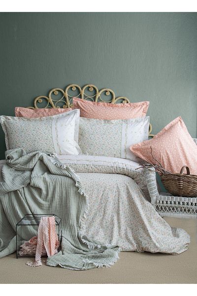 Apricitas HOME Double Person Muslin Bed Cover Duvet Cover Set Sage Island - Pike Set