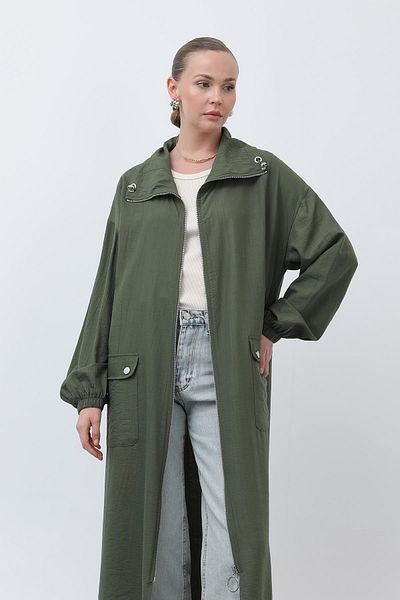 Puane Women's Wide Collar Pocket Detailed Zippered Cap - 15202Hrk - Khaki