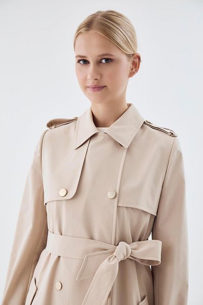 Zühre Shirt Collar Belted Epaulet Detailed Stone Trench Coat 13762