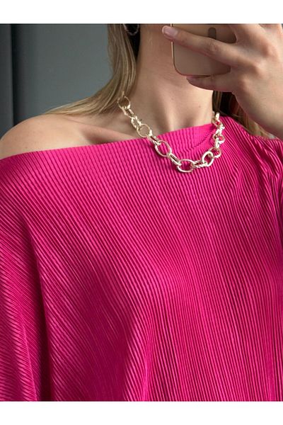 AlisaSu Casual Pleated Blouse with Fuchsia Necklace Accessories