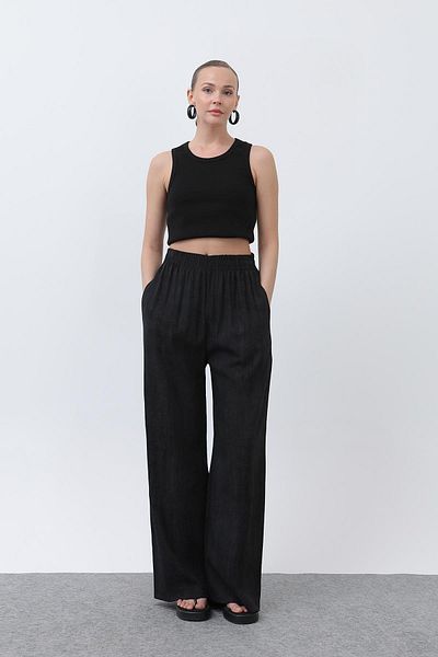 Puane Women's Elastic Waist Loose Trousers - 18238Pnt - Black