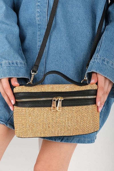 Mio Gusto Straw Textured Black Striped Women's Handbag
