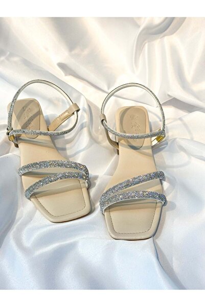 bulutmod BA04262 Krem Kadın İki Taşlı Abiye Yumuşak Taba 3 Cm Topuklu Ayakkabı - 39