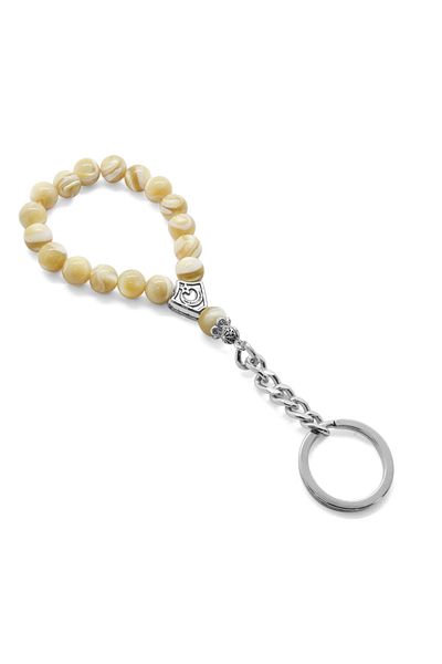Tesbihane Brown Mother of Pearl Natural Stone-chrome Steel Combination Rosary Keychain