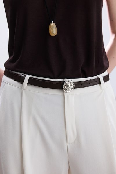 BE BLUE Brown Silver Flower Buckle Thin Belt