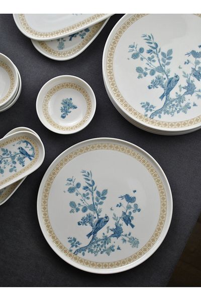 Qualitev 14 Piece Porcelain Breakfast Set for 6 People Blue Bird