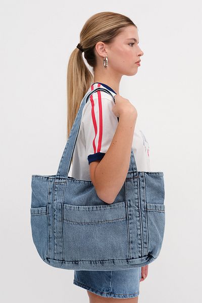 Addax Denim Tote Bag with Pockets Ç13946